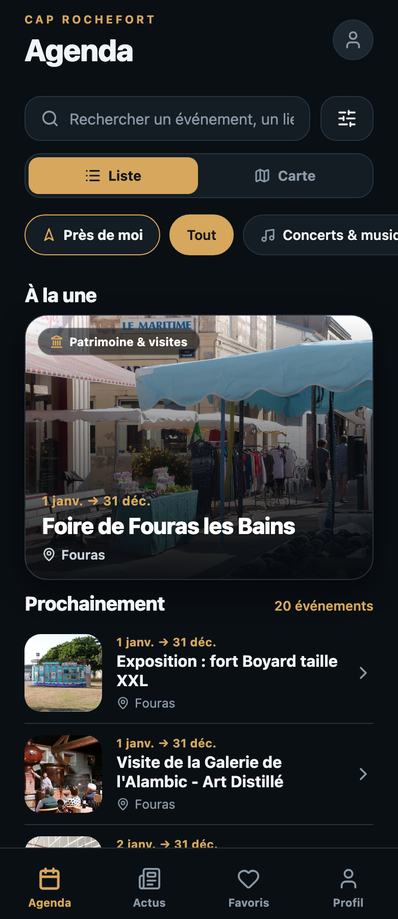 Écran d'accueil de l'application Cap Rochefort